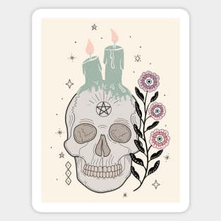 Skull with flower and candles - line art -earthy tones Sticker